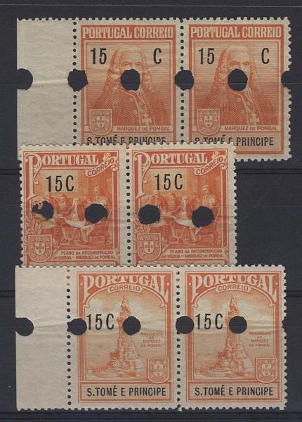 1072.jpg -     Lote:    1072            S. Tomé e Príncipe       Descrição:         1925 &mdash; Imposto Postal. Monumento ao Marquês de Pombal. CE IP1/3. Série completa em pares de provas denteadas, com furos de segurança do arquivo da casa impressora "Waterlow & Sons Ltd",        PRV       Valor Base:     &euro; 15,00     Valor Venda:     Retirado     
