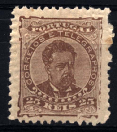 1076.jpg -     Lote:    1076            Portugal       Descrição:         1882/83 &mdash; D. Luís I de frente. CE57, 25 reis castanho. Falso "Pêra de Satanás". Valor de catálogo &euro; 100,00.        *       Valor Base:     &euro; 5,00     Valor Venda:     &euro; 14,00     