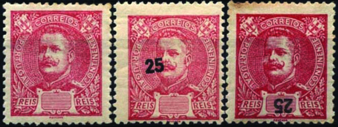 1082.jpg -     Lote:    1082            Portugal       Descrição:         1898/1905 &mdash; D. Carlos I Mouchon. CE141, 25 reis carmim. Lote de 3 selos: um sem impressão do valor, outro com a impressão deslocada do valor e outro com a impressão invertida do valor.        **       Valor Base:     &euro; 24,00     Valor Venda:     &euro; 32,00     