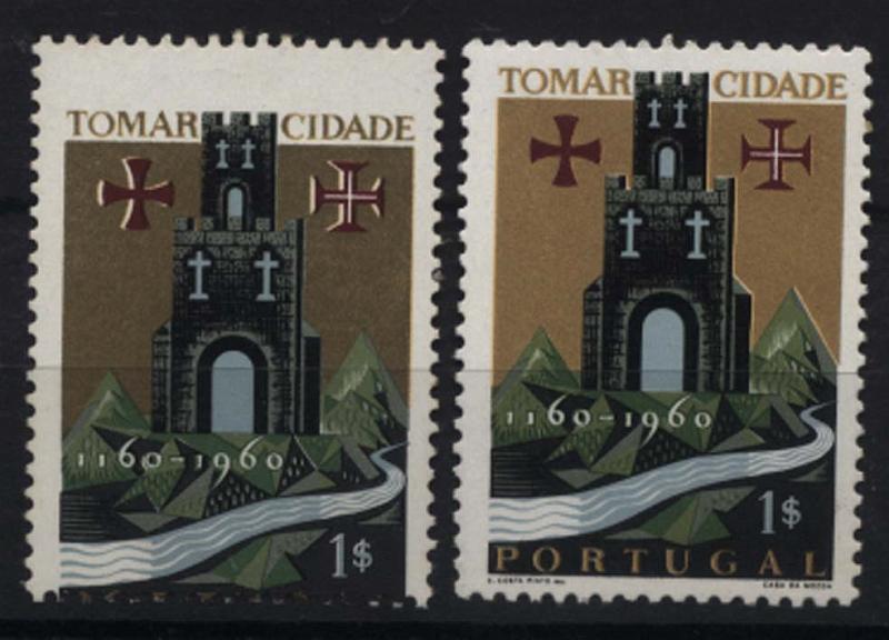 1088.jpg -     Lote:    1088            Portugal       Descrição:         1962 &mdash; 8.º Centenário da Cidade de Tomar. CE881, 1$00. Selo com denteado deslocado, fazendo desaparecer a legenda PORTIGAL e outro selo com falta da cor "ouro".        ***       Valor Base:     &euro; 10,00     Valor Venda:     &euro; 14,00     
