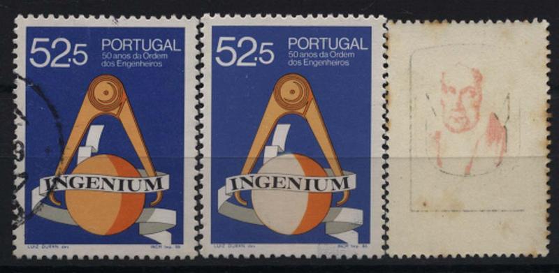 1093.jpg -     Lote:    1093            Portugal       Descrição:         1972 &mdash; 150.º Aniversário da Independência do Brasil + 1986 &mdash; 50 Anos da Ordem dos Engenheiros. CE1168, 2$50 com impressão parcial retro-verso (pontos de óxido + CE1779, 52$50 com falta de impressão da cor amarela do globo (inclui-se selo normal para comparação).        ***       Valor Base:     &euro; 10,00     Valor Venda:     Retirado     