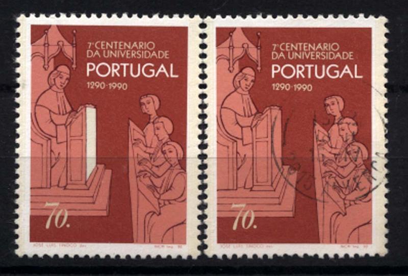 1095.jpg -     Lote:    1095            Portugal       Descrição:         1990 &mdash; Datas História. 700 anos da Universidade em Portugal. CE1931, 70$00. Selo com falta parcial de impressão da cor rosa. Acompanha selo normal para comparação.        ***       Valor Base:     &euro; 5,00     Valor Venda:     &euro; 5,00     