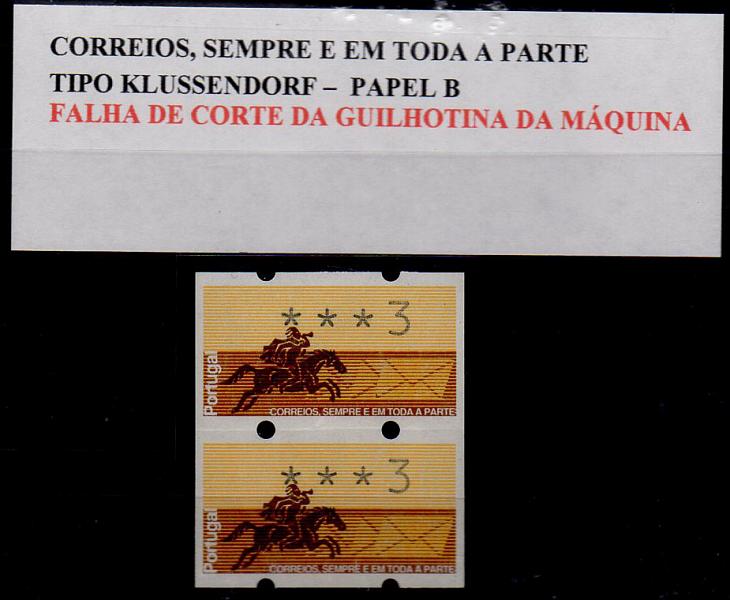 1097.jpg -     Lote:    1097            Portugal       Descrição:         1990 &mdash; Correios, sempre e em toda a parte. CE ETQ2. Tira de duas etiquetas de 3$00 com falha de corte na separação das etiquetas.        ETQ       Valor Base:     &euro; 5,00     Valor Venda:     Retirado     