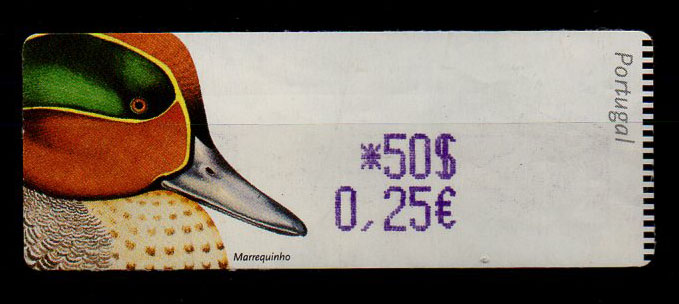 1100.jpg -     Lote:    1100            Portugal       Descrição:         2000 &mdash; Aves de Portugal &mdash; Marrequinho. CE ETQ22. 50$ / 0,25&euro;. Impressão das taxas a violeta em vês de preto.        ETQ       Valor Base:     &euro; 5,00     Valor Venda:     Retirado     