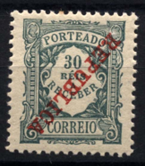 1101.jpg -     Lote:    1101            Portugal       Descrição:         1911 &mdash; Porteado. Emissão Regular, com sobrecarga REPUBLICA. CE POR17, 30 reis verde com sobrecarga invertida. Valor de catálogo &euro; 32,50.        **       Valor Base:     &euro; 7,00     Valor Venda:     Retirado     
