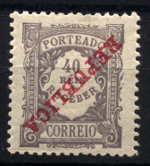 1102.jpg -     Lote:    1102            Portugal       Descrição:         1911 &mdash; Porteado. Emissão Regular, com sobrecarga REPUBLICA. CE POR18, 40 reis violeta cinzento com sobrecarga invertida. Valor de catálogo &euro; 38,00.        **       Valor Base:     &euro; 7,00     Valor Venda:     Retirado     