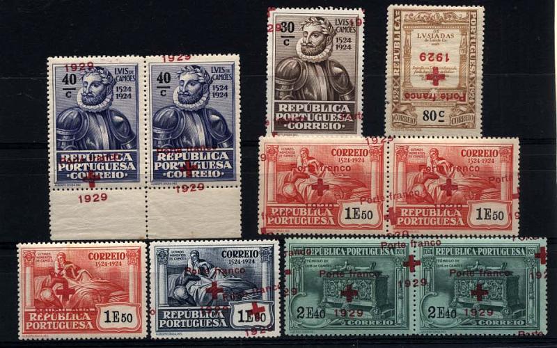 1104.jpg -     Lote:    1104            Portugal       Descrição:         1929 &mdash; Porte Franco * Cruz Vermelha Portuguesa. Selos do 4.º Centenário de Luís de Camões (1924) sobrecarregados. Lote composto por: CE CVP17,com a sobrecarga deslocada; CE CVP18, par com a sobrecarga deslocada; CE CVP19, com a sobrecarga invertida; CE CVP20, par com dupla sobrecarga uma delas deslocada e selo com a sobrecarga invertida; CE CVP21, selo com a dupla sobrecarga e uma delas invertida; CE CVP22, par com dupla sobrecarga uma delas deslocada.        ***       Valor Base:     &euro; 20,00     Valor Venda:     &euro; 34,00     