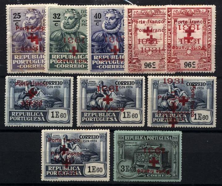 1105.jpg -     Lote:    1105            Portugal       Descrição:         1931 &mdash; Porte Franco * Cruz Vermelha Portuguesa. Selos do 4.º Centenário de Luís de Camões (1924) sobrecarregados. Lote composto por: CVP29 com dupla sobrecarga, CVP30 com sobrecarga invertida; CVP31 com sobrecarga invertida; CVP32, um selo com dupla sobrecarga e outro com dupla sobrecarga e uma delas invertida; CVP33, quatro selos, com dupla sobrecarga (2), invertida e tripla; CVP34 com sobrecarga invertida.        ***       Valor Base:     &euro; 25,00     Valor Venda:     &euro; 25,00     
