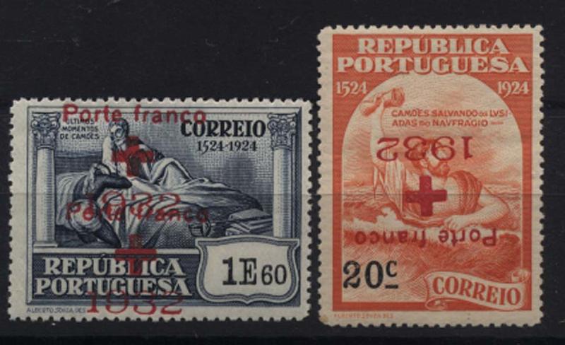 1106.jpg -     Lote:    1106            Portugal       Descrição:         1932 &mdash; Porte Franco * Cruz Vermelha Portuguesa. Selos do 4.º Centenário de Luís de Camões (1924) sobrecarregados. Lote composto por: CVP35 com sobrecarga invertida e CVP39 com dupla sobrecarga.        ***       Valor Base:     &euro; 5,00     Valor Venda:     &euro; 12,00     