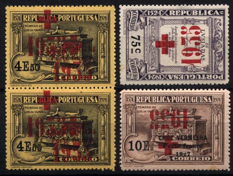 1107.jpg -     Lote:    1107            Portugal       Descrição:         1935 &mdash; Porte Franco * Cruz Vermelha Portuguesa. Selos do 4.º Centenário de Luís de Camões (1924) sobrecarregados. Lote composto por: CVP56 com sobrecarga invertida; CVP57 em par com dupla sobrecarga; CVP58 com sobrecarga invertida.        ***       Valor Base:     &euro; 10,00     Valor Venda:     &euro; 18,00     