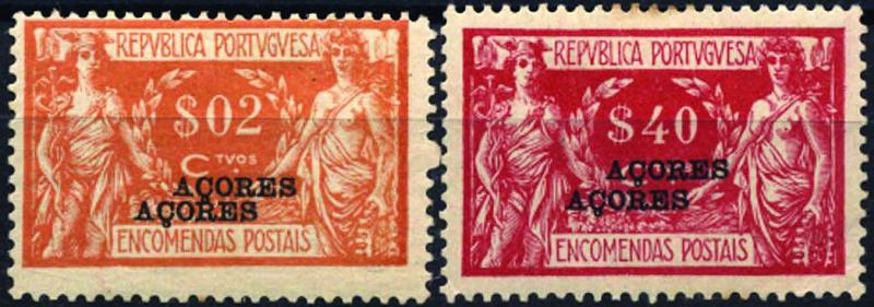1111.jpg -     Lote:    1111            Açores       Descrição:         192&frac12;3 &mdash; Encomendas Postais. Comércio e Indústria. Selos do Continente com sobrecarga AÇORES. CE EP2 e 6 - $02 e $40. Lote de dois selos com dupla sobrecarga.        **/*       Valor Base:     &euro; 6,00     Valor Venda:     Retirado     