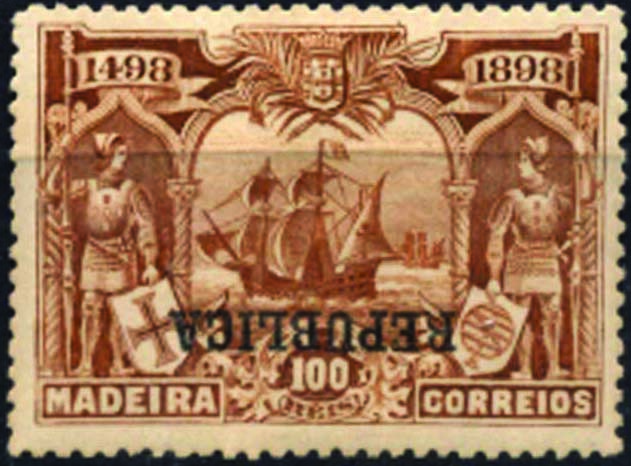 1112.jpg -     Lote:    1112            Madeira       Descrição:         1911 &mdash; 4.º Centenário do Descobrimento do Caminho Marítimo para a Índia com sobrecarga REPUBLICA, sobre selos postais da Madeira. CE204, 100 reis castanho amarelo. Selo com a sobrecarga invertida. MB. Valor de catálogo &euro; 222,00.        **       Valor Base:     &euro; 45,00     Valor Venda:     Retirado     