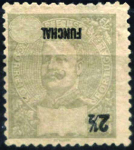 1113.jpg -     Lote:    1113            Madeira       Descrição:         1897 &mdash; D. Carlos I Mouchon. CE13, 2 &frac12; reis cinzento claro. Selo com a legenda e valor invertidos.        *       Valor Base:     &euro; 10,00     Valor Venda:     &euro; 18,00     