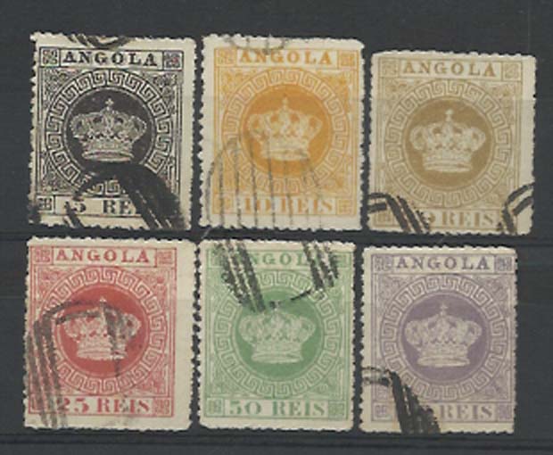 1114.jpg -     Lote:    1114            Angola       Descrição:         1870 &mdash; Tipo Coroa. Série completa de selos falsos tipo SPIROS, obliterados com carimbo falso da mesma proveniência.        O       Valor Base:     &euro; 15,00     Valor Venda:     &euro; 15,00     