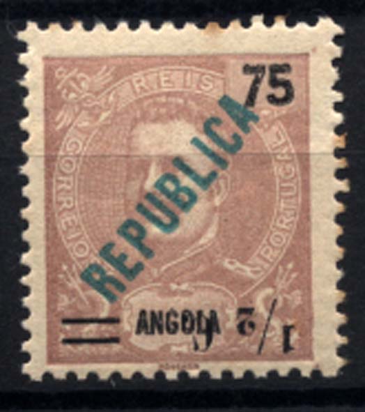 1117.jpg -     Lote:    1117            Angola       Descrição:         1919 &mdash; D. Carlos I, com sobrecarga REPUBLICA local e sobretaxa. CE192, &frac12; C s/ 75 reis castanho violeta. Selo com sobrecarga invertida. Ligeiros pontos de óxido no verso.         ***       Valor Base:     &euro; 10,00     Valor Venda:     &euro; 16,00     