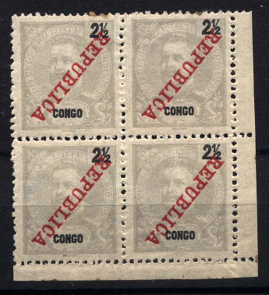 1119.jpg -     Lote:    1119            Congo       Descrição:         1911 &mdash; D. Carlos I, com sobrecarga "REPUBLICA" da Casa da Moeda. CE60, 2 &frac12; reis cinzento. Quadra com sobrecarga invertida. Um selo com ligeira transparência.        ***       Valor Base:     &euro; 15,00     Valor Venda:     &euro; 24,00     