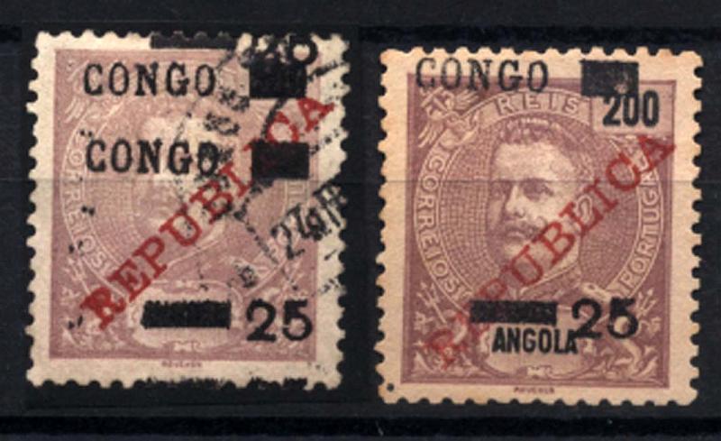 1120.jpg -     Lote:    1120            Congo       Descrição:         1911 &mdash; D. Carlos I. Selos de Angola, com sobrecargas "CONGO" e "REPUBLICA" local. CE59, 25 s/ 200 reis lilás s/ rosa. Lote de dois selos, um com dupla impressão da sobrecarga "CONGO" e outro com a impressão deslocada da sobrecarga.        */O       Valor Base:     &euro; 10,00     Valor Venda:     &euro; 34,00     