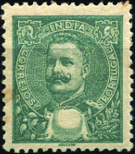 1123.jpg -     Lote:    1123            Índia       Descrição:         1903 &mdash; D. Carlos I Mouchon. CE190, 6 reis verde escuro. Selo sem impressão do valor.        ***       Valor Base:     &euro; 10,00     Valor Venda:     &euro; 12,00     