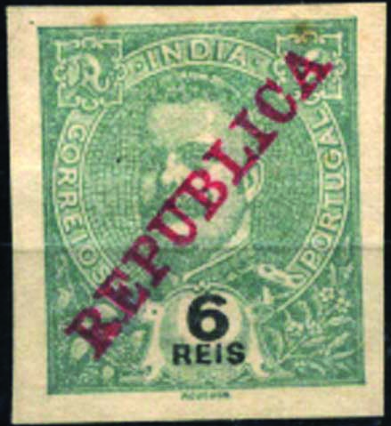 1127.jpg -     Lote:    1127            Índia       Descrição:         1911 &mdash; D. Carlos I Mouchon, com sobrecarga REPUBLICA. CE206, 6 reis verde escuro. Selo não denteado.        *       Valor Base:     &euro; 10,00     Valor Venda:     &euro; 12,00     