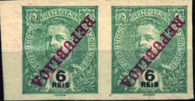 1128.jpg -     Lote:    1128            Índia       Descrição:         1911 &mdash; D. Carlos I Mouchon, com sobrecarga REPUBLICA. CE206, 6 reis verde escuro. Par horizontal com selos não denteados e com as sobrecargas invertidas.        *       Valor Base:     &euro; 20,00     Valor Venda:     &euro; 22,00     