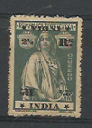 1129.jpg -     Lote:    1129            Índia       Descrição:         1914 &mdash; Ceres. CE257, 2 &frac12; reis, estrelas I/I, papel porcelana, denteado 15x14. Selo com dupla impressão da taxa e legenda, uma delas invertida.        *       Valor Base:     &euro; 10,00     Valor Venda:     &euro; 20,00     