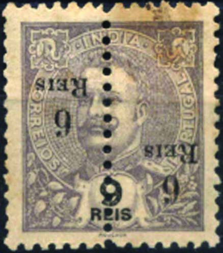 1130.jpg -     Lote:    1130            Índia       Descrição:         1911/13 &mdash; D. Carlos I Mouchon, com sobretaxa e perfurados ao meio. CE221, 6 s/ 9 reis lilás malva, sobrecarga A, denteado 11 &frac12;. Selo com a sobretaxa invertida.        *       Valor Base:     &euro; 8,00     Valor Venda:     &euro; 12,00     