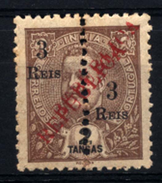 1133.jpg -     Lote:    1133            Índia       Descrição:         1914 &mdash; D. Carlos I tipo Mouchon de 1911/13, perfurados a meio, com sobrecarga REPUBLICA local. CE291, 3 reis s/ 2T castanho. Selo com dupla sobrecarga. Não catalogado.        *       Valor Base:     &euro; 20,00     Valor Venda:     Retirado     