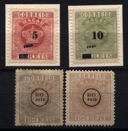 1142.jpg -     Lote:    1142            Macau       Descrição:         1884/85 &mdash; Tipo Coroa, com sobretaxa. CE10, 80 s/ 100 reis (duas tonalidades) + CE22/23, 5 s/ 25 reis e 10 s/ 50 reis, com a sobrecarga a preto "FAUX". Falsos FOURNIER".        **       Valor Base:     &euro; 12,00     Valor Venda:     &euro; 22,00     