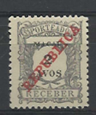 1147.jpg -     Lote:    1147            Macau       Descrição:         1911 &mdash; Porteado. Emissão Regular com sobrecarga REPUBLICA da Casa da Moeda. CE POR14, 2 avos ardósia com a legenda deslocada.        ***       Valor Base:     &euro; 10,00     Valor Venda:     &euro; 32,00     