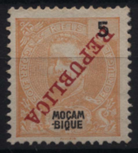 1154.jpg -     Lote:    1154            Moçambique       Descrição:         1911 &mdash; D. Carlos I com sobrecarga REPUBLICA da Casa da Moeda. CE104, 5 reis laranja, com a sobrecarga invertida.        **       Valor Base:     &euro; 5,00     Valor Venda:     &euro; 8,00     