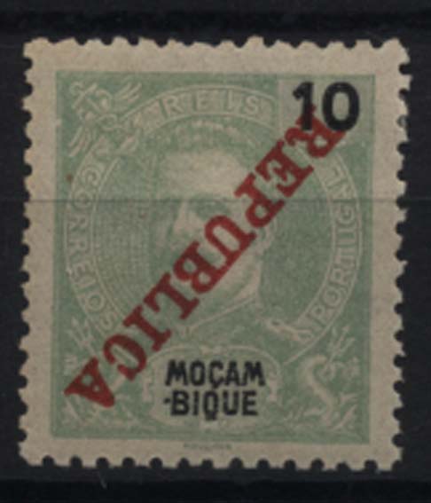 1155.jpg -     Lote:    1155            Moçambique       Descrição:         1911 &mdash; D. Carlos I com sobrecarga REPUBLICA da Casa da Moeda. CE105, 10 reis verde amarelo, com a sobrecarga invertida.        **       Valor Base:     &euro; 5,00     Valor Venda:     &euro; 8,00     