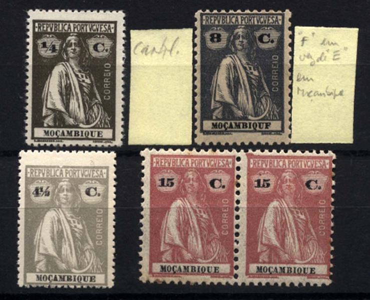 1157.jpg -     Lote:    1157            Moçambique       Descrição:         1914/21 &mdash; Ceres. Lote composto por 3 selos e um par (pontos de óxido no verso): CE153, &frac14; C sépia em papel cartolina; CE161, 8C ardósia com erro na legenda MOÇAMBIQUF (F em vez de E); CE163, 15C carmim (par) com excesso de tintagem no canto superior esquerdo; CE226, 4 &frac12; C cinzento, com fenda de cunho sobre o "A".        **       Valor Base:     &euro; 10,00     Valor Venda:     &euro; 22,00     