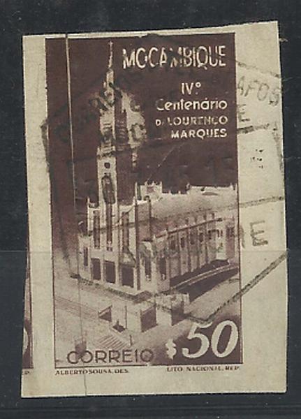 1164.jpg -     Lote:    1164            Moçambique       Descrição:         1944 &mdash; 4.º Centenário de Lourenço Marques. CE312, $50 castanho. Selo usado não denteado. MB e MR.        O       Valor Base:     &euro; 15,00     Valor Venda:     &euro; 22,00     