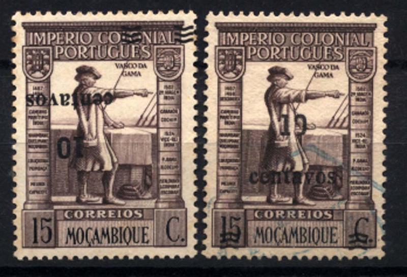 1165.jpg -     Lote:    1165            Moçambique       Descrição:         1946 &mdash; Império Colonial Português, com sobretaxa. CE316, 10 s/ 15C castanho violeta. Lote de dois selos: um novo com ligeiros pontos de óxido no verso com a sobretaxa invertida e outro usado com o "C" invertido em vez de "0" na taxa.        ***/O       Valor Base:     &euro; 5,00     Valor Venda:     &euro; 22,00     