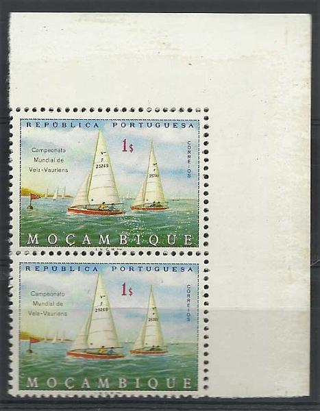 1169.jpg -     Lote:    1169            Moçambique       Descrição:         1973 &mdash; Campeonato Mundial de Vela &mdash; "Vauriens". CE530, 1$00. Par vertical, canto de folha com goma  original na frente.        ***       Valor Base:     &euro; 5,00     Valor Venda:     Retirado     
