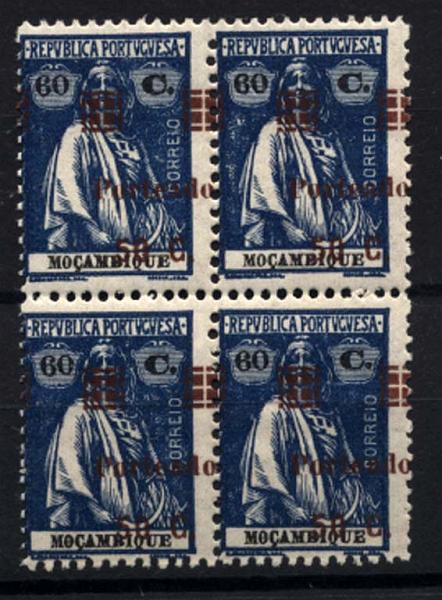1175.jpg -     Lote:    1175            Moçambique       Descrição:         1924 &mdash; Porteado. Tipo Ceres de Moçambique, com sobretaxa. CE50, 50C s/ 60C azul escuro. Quadra com a sobrecarga castanha em vez de vermelha e também deslocada. Não catalogada.        ***       Valor Base:     &euro; 20,00     Valor Venda:     &euro; 38,00     