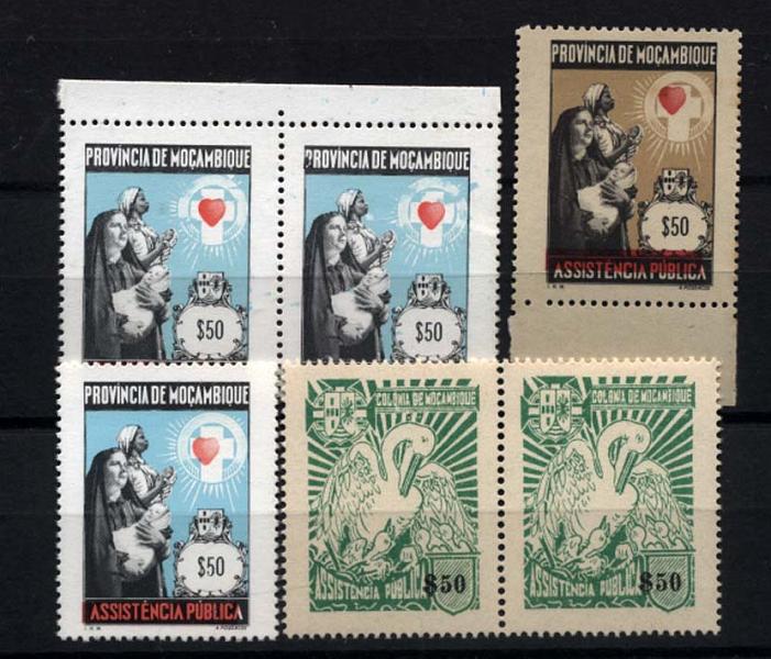 1176.jpg -     Lote:    1176            Moçambique       Descrição:         1943/69 &mdash; Imposto Postal. Assistência Pública. Lote composto por: CE53, $50 verde em par com ligeira deslocação das taxas; CE62, $50 com deslocação da cor vermelha; CE65, $50. Selo com deslocação da cor vermelha e par com defeitos de impressão.        ***       Valor Base:     &euro; 5,00     Valor Venda:     Retirado     