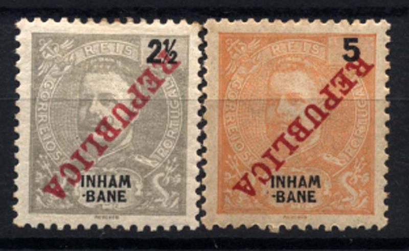 1177.jpg -     Lote:    1177            Inhambane       Descrição:         1911 &mdash; D. Carlos I tipo Mouchon, com sobrecarga REPUBLICA da Casa da Moeda. CE32/33, 2 &frac12; e 5 reis. Os dois selos com a sobrecarga invertida.        **       Valor Base:     &euro; 5,00     Valor Venda:     &euro; 8,00     