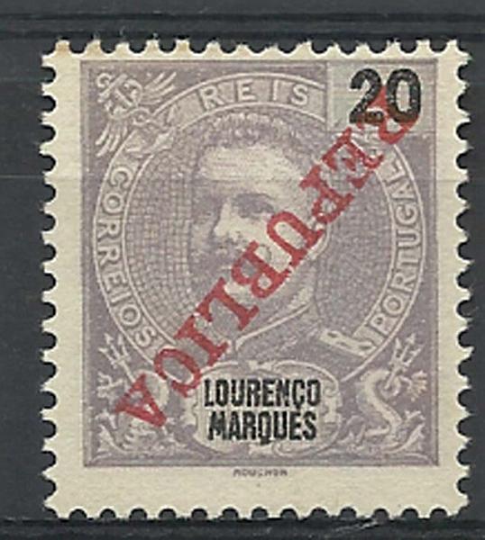 1179.jpg -     Lote:    1179            Lourenço Marques       Descrição:         1911 &mdash; D. Carlos I Mouchon, com sobrecarga REPUBLICA da Casa da Moeda. CE82, 20 reis violeta cinzento. Selo com a sobrecarga invertida.        *       Valor Base:     &euro; 8,00     Valor Venda:     &euro; 10,00     