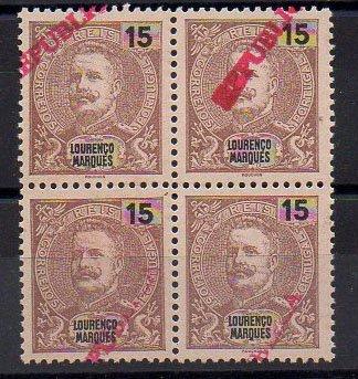 1180.jpg -     Lote:    1180            Lourenço Marques       Descrição:         1898/1901 &mdash; D. Carlos I Mouchon. CE35, 15 reis castanho. Quadra com sobrecarga "REPUBLICA" a vermelho. Sobrecarga FALSA.        *       Valor Base:     &euro; 10,00     Valor Venda:     &euro; 22,00     