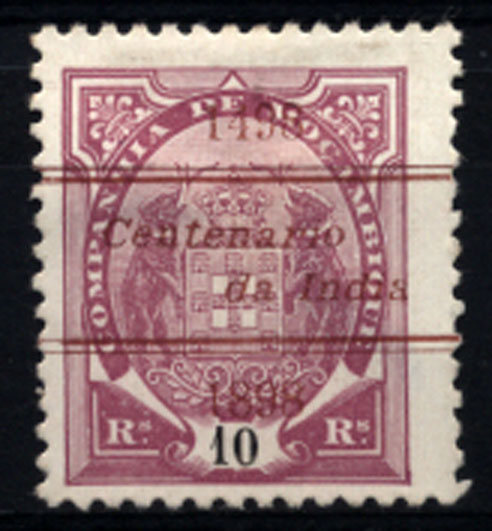 1184.jpg -     Lote:    1184            Companhia de Moçambique       Descrição:         1898 &mdash; 4.º Centenário do Descobrimento do Caminho Marítimo para a Índia. Tipo Elefantes com sobrecarga "Centenário da Índia". CE31, 10 reis lilás vermelho, denteado 11 &frac12;. Selo com a sobrecarga falsa.        *       Valor Base:     &euro; 6,00     Valor Venda:     &euro; 6,00     