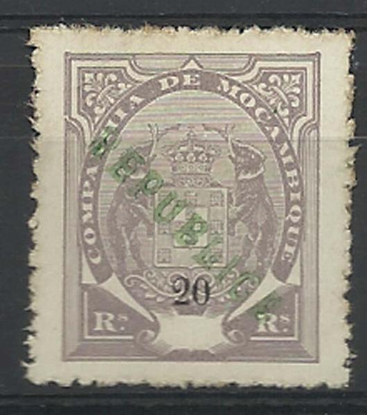 1186.jpg -     Lote:    1186            Companhia de Moçambique       Descrição:         1911 &mdash; Tipo Elefantes, com sobrecarga REPUBLICA local, tipo I. CE66, 20 reis lilás cinzento. Selo com a impressão deslocada da taxa.        *       Valor Base:     &euro; 6,00     Valor Venda:     &euro; 50,00     