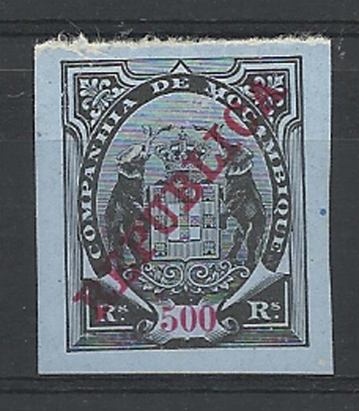1188.jpg -     Lote:    1188            Companhia de Moçambique       Descrição:         1911 &mdash; Tipo Elefantes, com sobrecarga REPUBLICA da Casa da Moeda. CE90, 500 reis preto s/ azul. Selo não denteado.        *       Valor Base:     &euro; 10,00     Valor Venda:     &euro; 22,00     