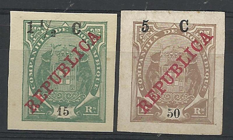 1189.jpg -     Lote:    1189            Companhia de Moçambique       Descrição:         1916 &mdash; Tipo Elefantes, com REPUBLICA da Casa da Moeda e sobretaxa em centavos. Lote de dois selos não denteados: um de 1 &frac12; C s/ 15 reis verde CE95 e outro de 5C s/ 50 reis CE98.        *       Valor Base:     &euro; 10,00     Valor Venda:     &euro; 32,00     