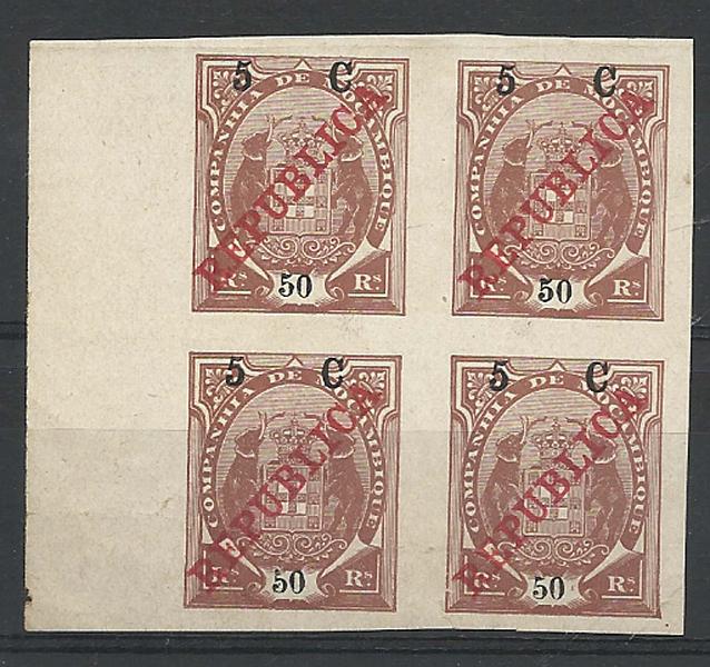 1190.jpg -     Lote:    1190            Companhia de Moçambique       Descrição:         1916 &mdash; Tipo Elefantes, com REPUBLICA da Casa da Moeda e sobretaxa em centavos. CE98, 5C s/ 50 reis castanho, papel porcelana. Quadra, bordo de folha não denteada.        *       Valor Base:     &euro; 20,00     Valor Venda:     Retirado     