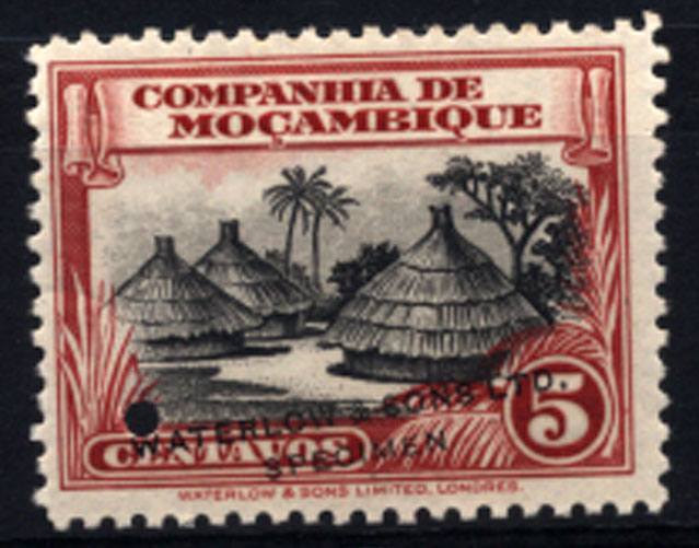 1192.jpg -     Lote:    1192            Companhia de Moçambique       Descrição:         1937 &mdash; Motivos locais. CE175, 5C. Prova em carmim e preto, cores não aprovada para este valor, com sobrecarga a preto "WATERLOW & SONS, LTD / SPECIMEN" e furo de segurança.        PRV       Valor Base:     &euro; 15,00     Valor Venda:     Retirado     