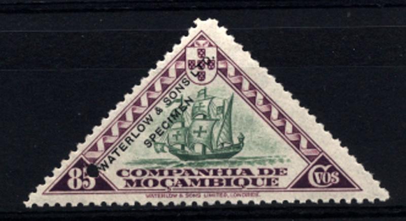 1193.jpg -     Lote:    1193            Companhia de Moçambique       Descrição:         1937 &mdash; Motivos locais. CE184, 85C. Prova em violeta e preto, cores não aprovada para este valor, com sobrecarga a preto "WATERLOW & SONS, LTD / SPECIMEN" e furo de segurança.        PRV       Valor Base:     &euro; 15,00     Valor Venda:     Retirado     