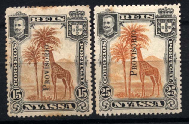1198.jpg -     Lote:    1198            Companhia do Niassa       Descrição:         1903 &mdash; S. Carlos I. Selos de 1901 com sobrecarga "PROVISÓRIO" tipografada localmente. CE48/49. Série completa com a sobrecarga falsa.        **       Valor Base:     &euro; 20,00     Valor Venda:     Retirado     