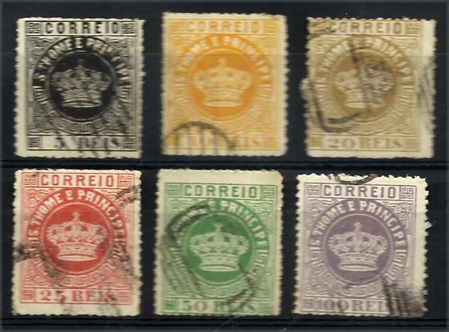 1201.jpg -     Lote:    1201            S. Tomé e Príncipe       Descrição:         1870 &mdash; Tipo Coroa. Série completa de selos falsos tipo SPIROS, obliterados com carimbo falso da mesma proveniência.        O       Valor Base:     &euro; 15,00     Valor Venda:     &euro; 15,00     