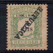 1202.jpg -     Lote:    1202            S. Tomé e Príncipe       Descrição:         1913 &mdash; Porteado. Emissão regular. Tipo de 1904, com sobrecarga REPUBLICA local, zincogravada. CE31, 5 reis verde amarelo. Selo com a sobrecarga invertida. Emitido sem goma.        *       Valor Base:     &euro; 8,00     Valor Venda:     &euro; 12,00     